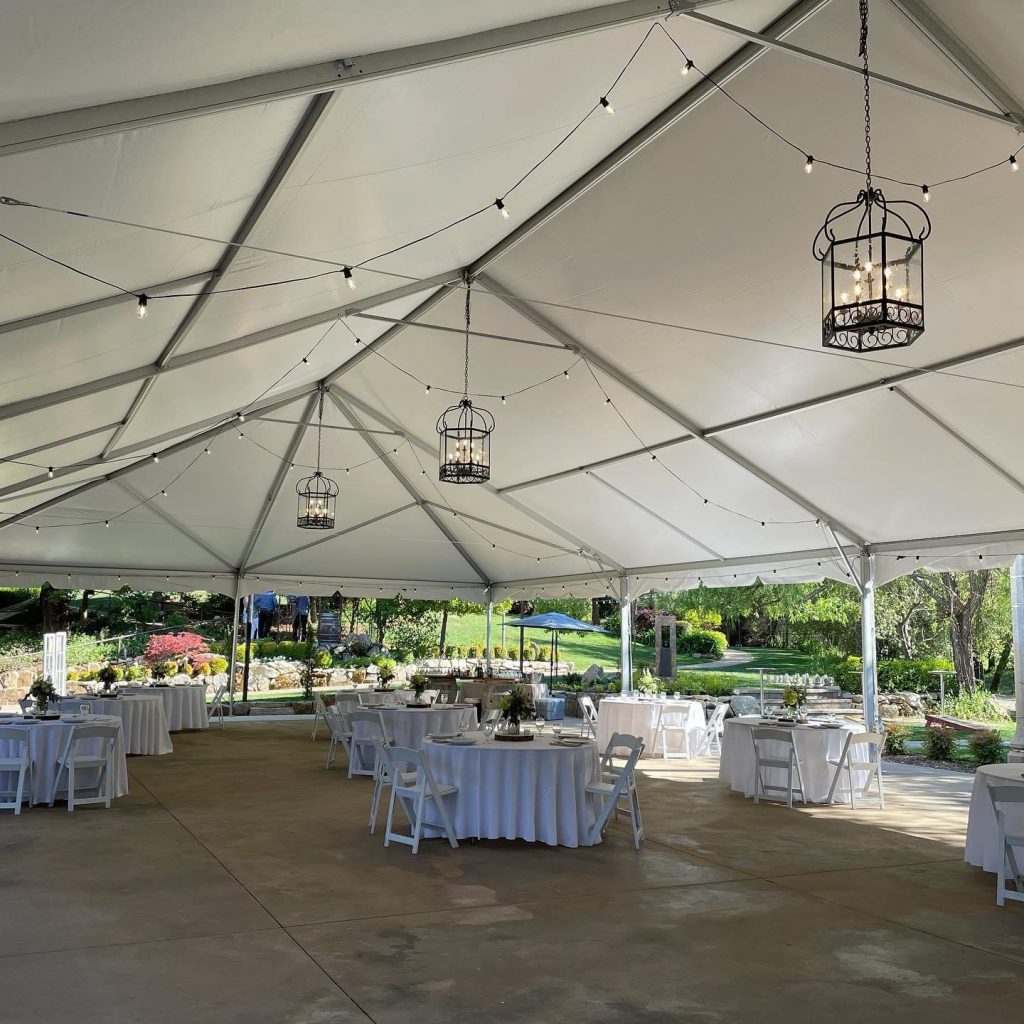 Gold Hill Gardens, Placer County, CA. Tent with chandelier light fixtures.
