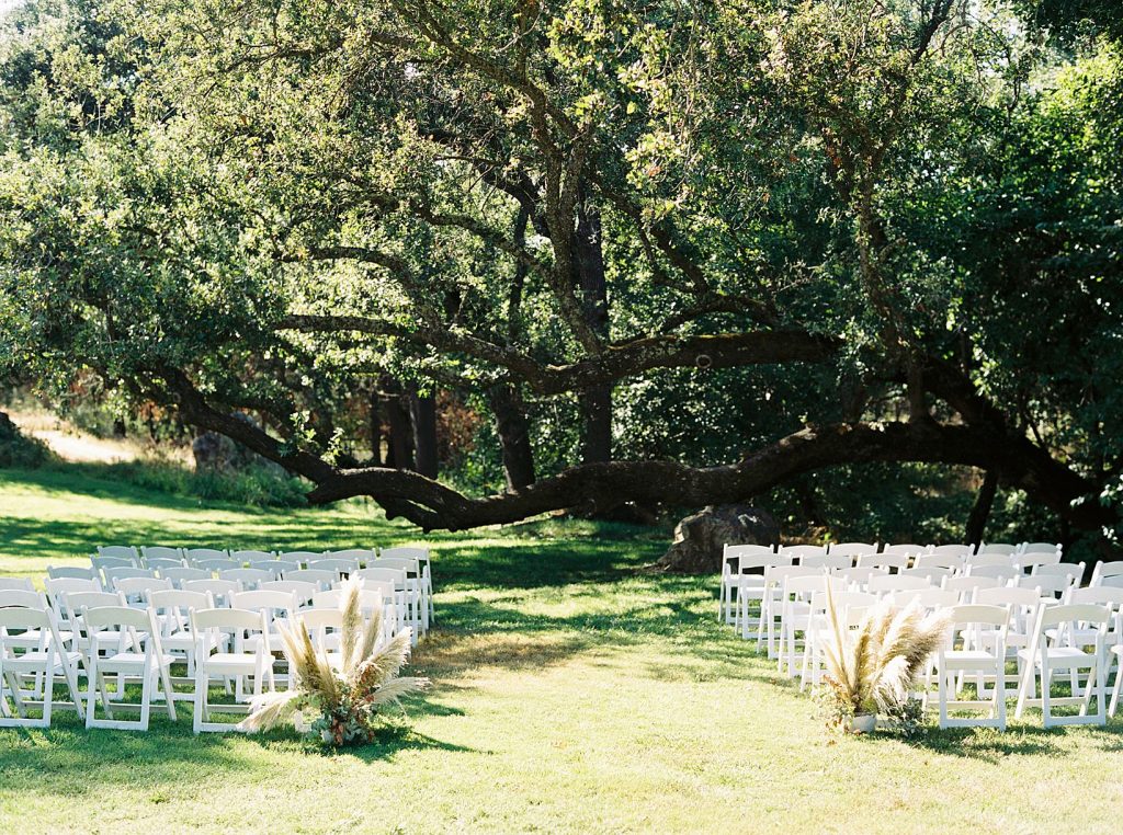 Gold Hill Gardens, Placer County, CA. Wedding set up in front of the heritage oak tree.