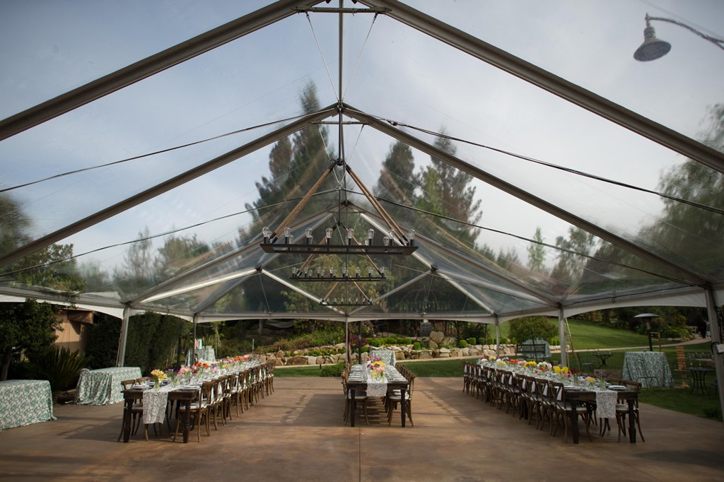 Gold Hill Gardens, Newcastle, CA Garden patio wedding under clear top tent.