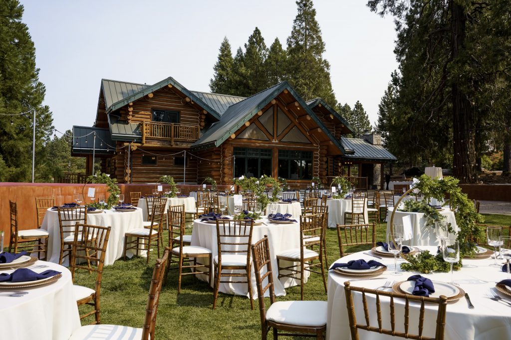 Sierra Banquet Center, Camino CA, El Dorado County. Reception tables on dinner lwn.