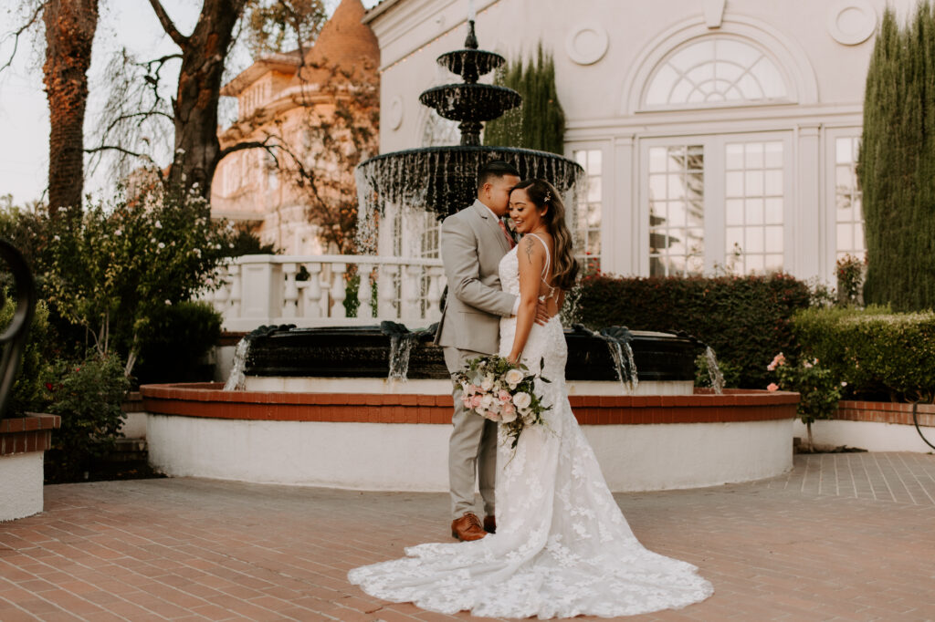 Vizcaya Sacramento, Mansion and Pavilion. Newlyweds in front of fountain.