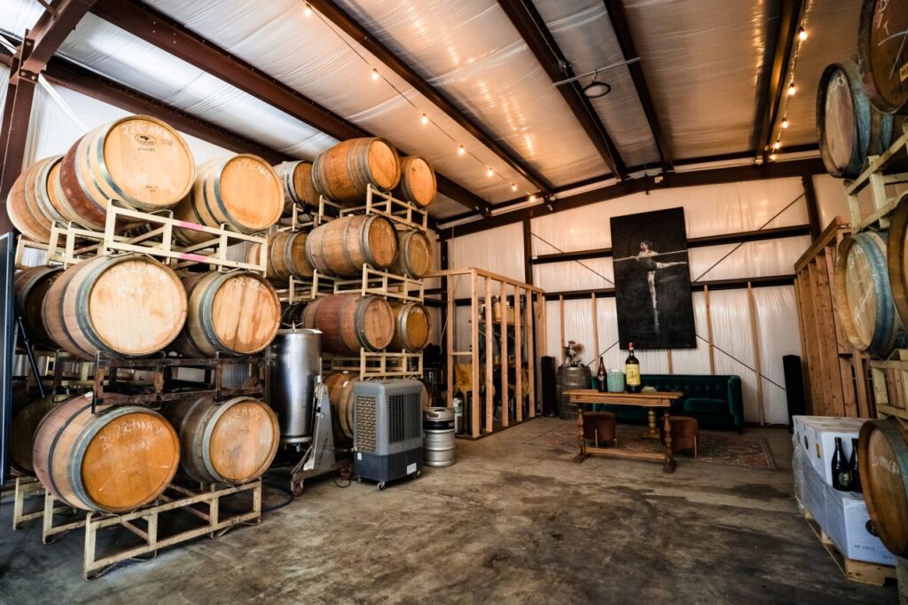 Chateau Daveall Boutique Winery. El Dorado County. Inside the Barrel Room.