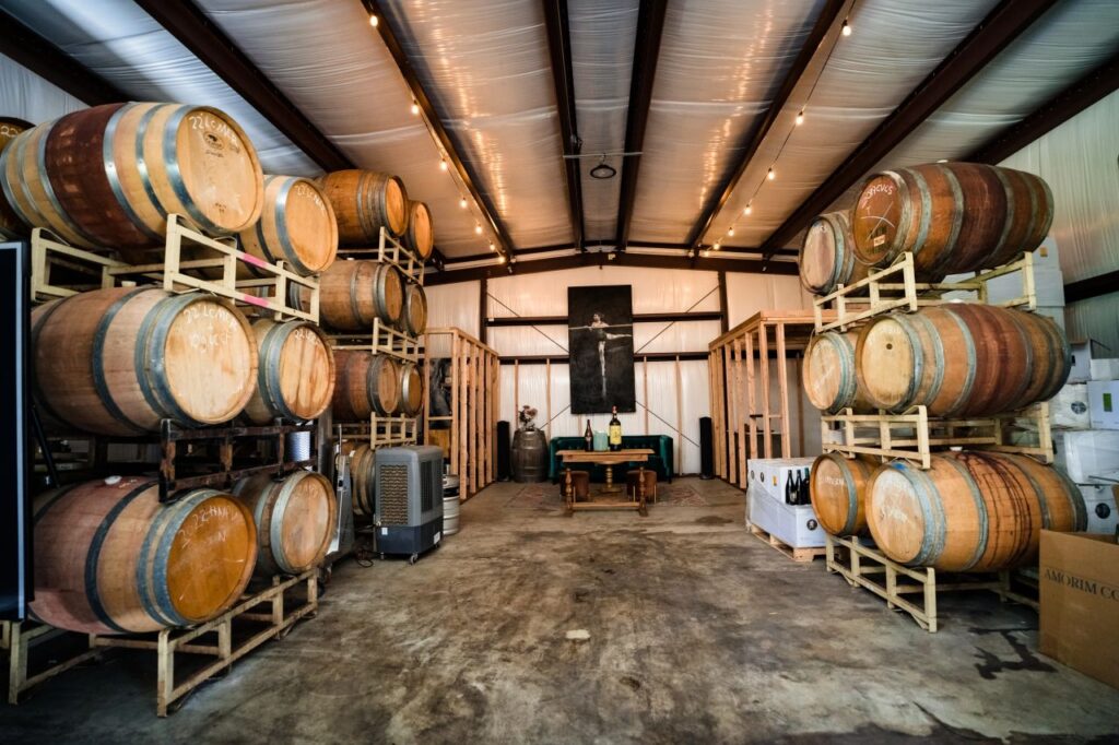 Chateau Daveall Boutique Winery. El Dorado County. Inside the Barrel room.