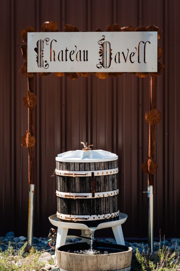 Chateau Daveall Boutique Winery. El Dorado County. Wine barrel in front of the Barrel Room.