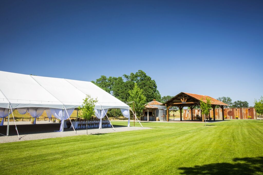 Crossing at Thomes Creek Wedding Events, Corning, CA. Views of tent and dance pavilion.