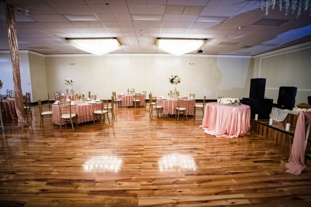 Town and Country Event Center, Rancho Cordova. Platinum Room. Tables in place and beautiful chandeliers.