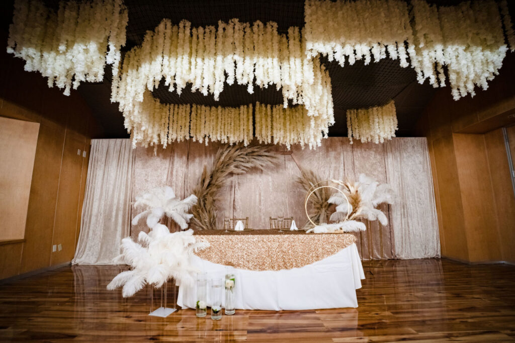 Town and Country Event Center, Rancho Cordova. Silver Room with hanging floral treatment.,