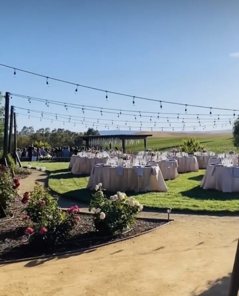 Zamora Hills Ranch, Yolo County. Tables set up on reception lawn.