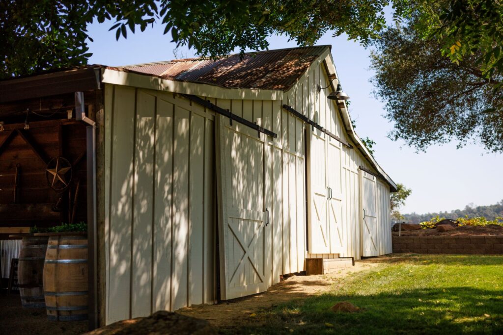 The White Barn at The Shenandoah Farmhouse. Amador County. Exterior of the white barn.