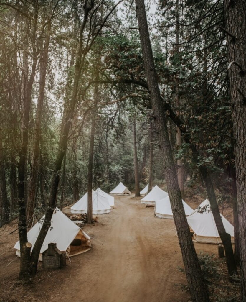 The Ranch at Stoney Creek, El Dorado County. Glamping set up in forest.