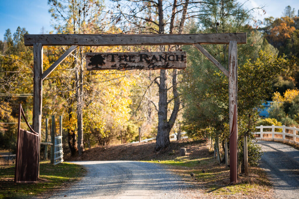 Entrance gateway to The Ranch at Stoney Creek. El Dorado County wedding venue.