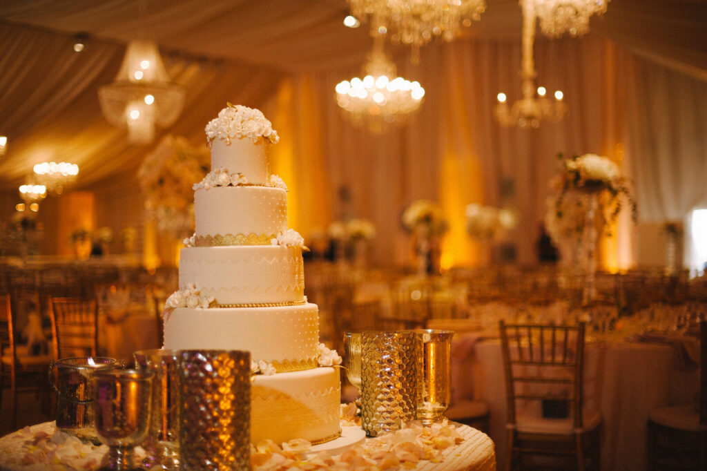 Kate Whelan Events, Sacramento. Beautiful wedding cake in ballroom.