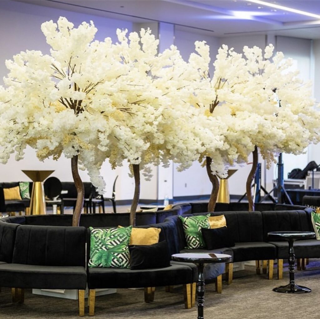 Sacramento Event Co. Luxury furniture rental service based out of Sacramento, CA. White trees with lounge furniture