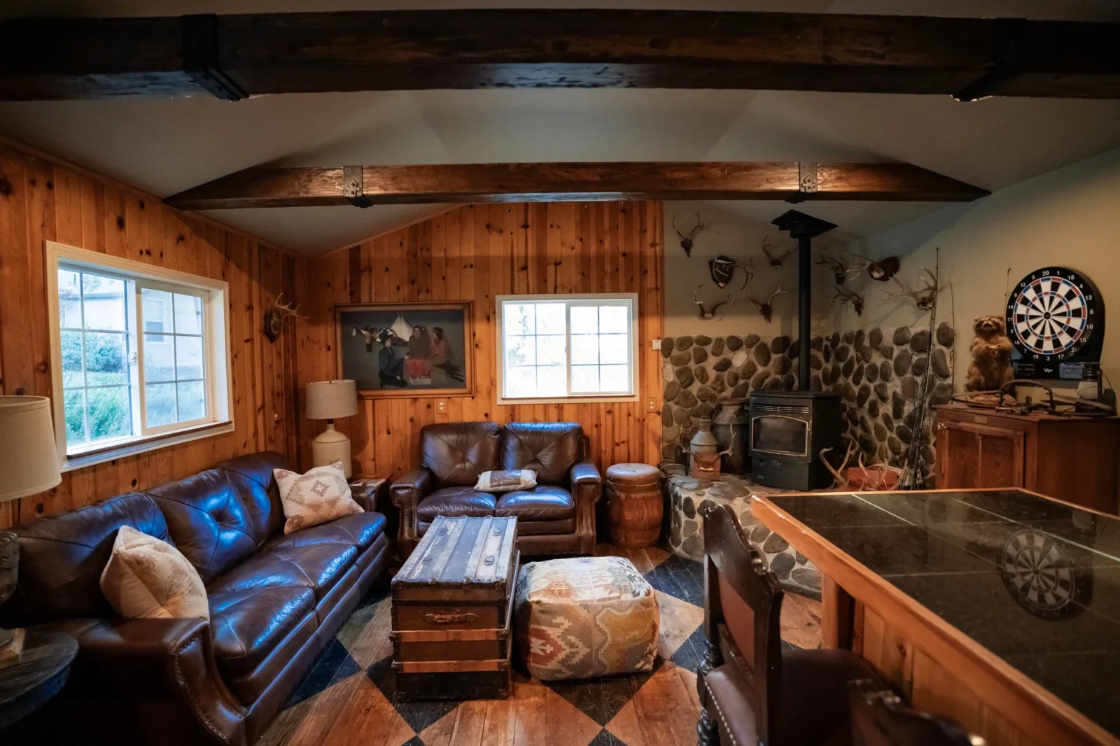 Stoney Creek Ranch, El Dorado County.  The living room inside the cottage for the men to gather and dress. 